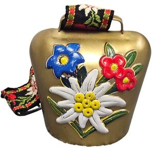 Vintage Alpine Floral Cowbell Decor Edelweiss Heart Strap Brass Bell Switzerland